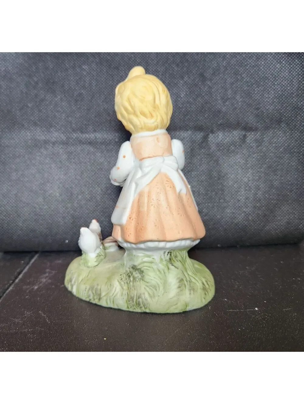 Porcelain Figurine Girl Feeding Chicken White Peach Dress Blonde Bun Farm Hen